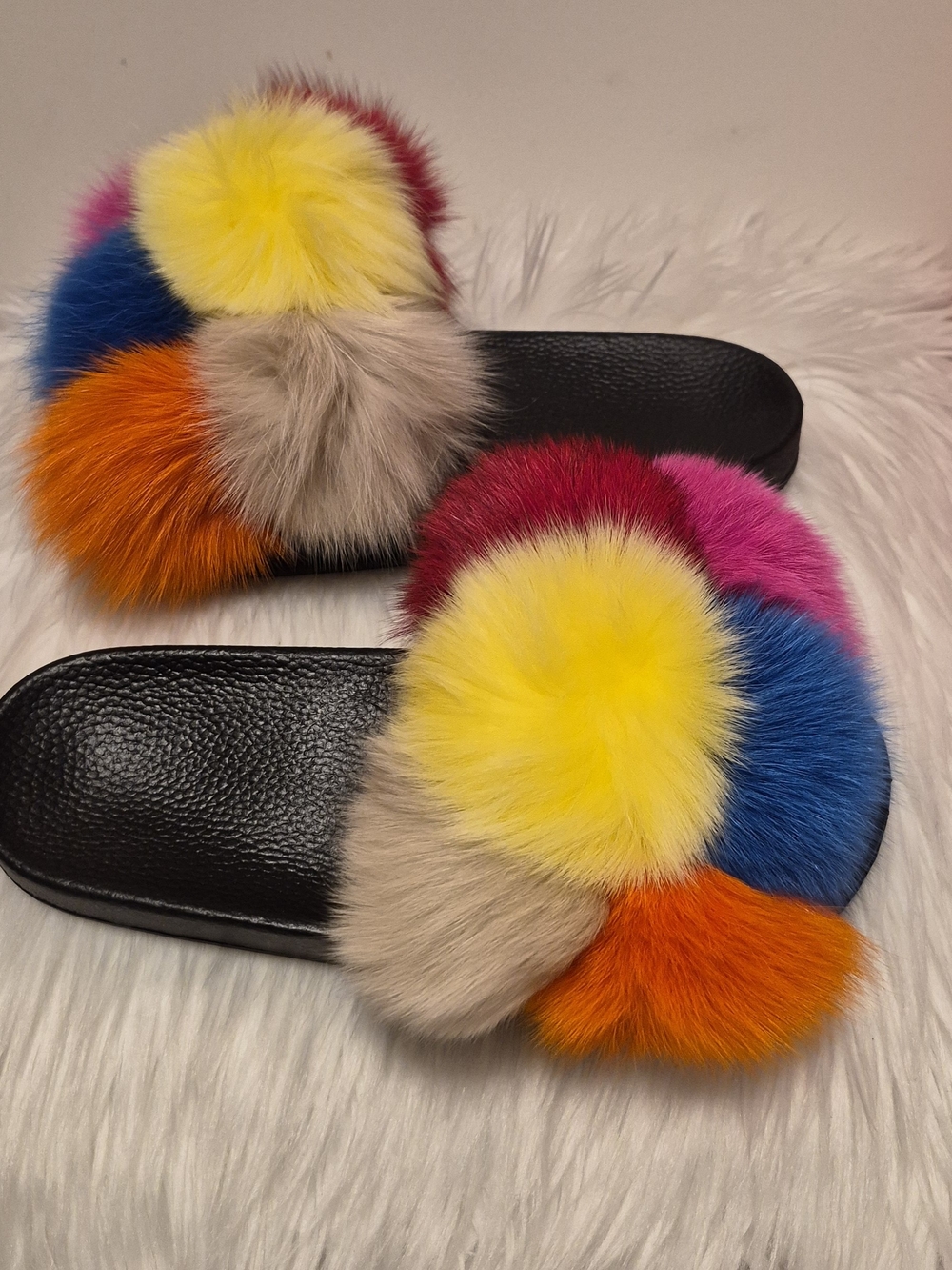 Multicolor Faux Fur Slide Sandals - Women's Plush Fashion Slides